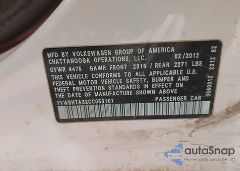 2012 Volkswagen Passat 2.5L Se z USA, uszkodzony, nr VIN 1VWBH7A32CC053107